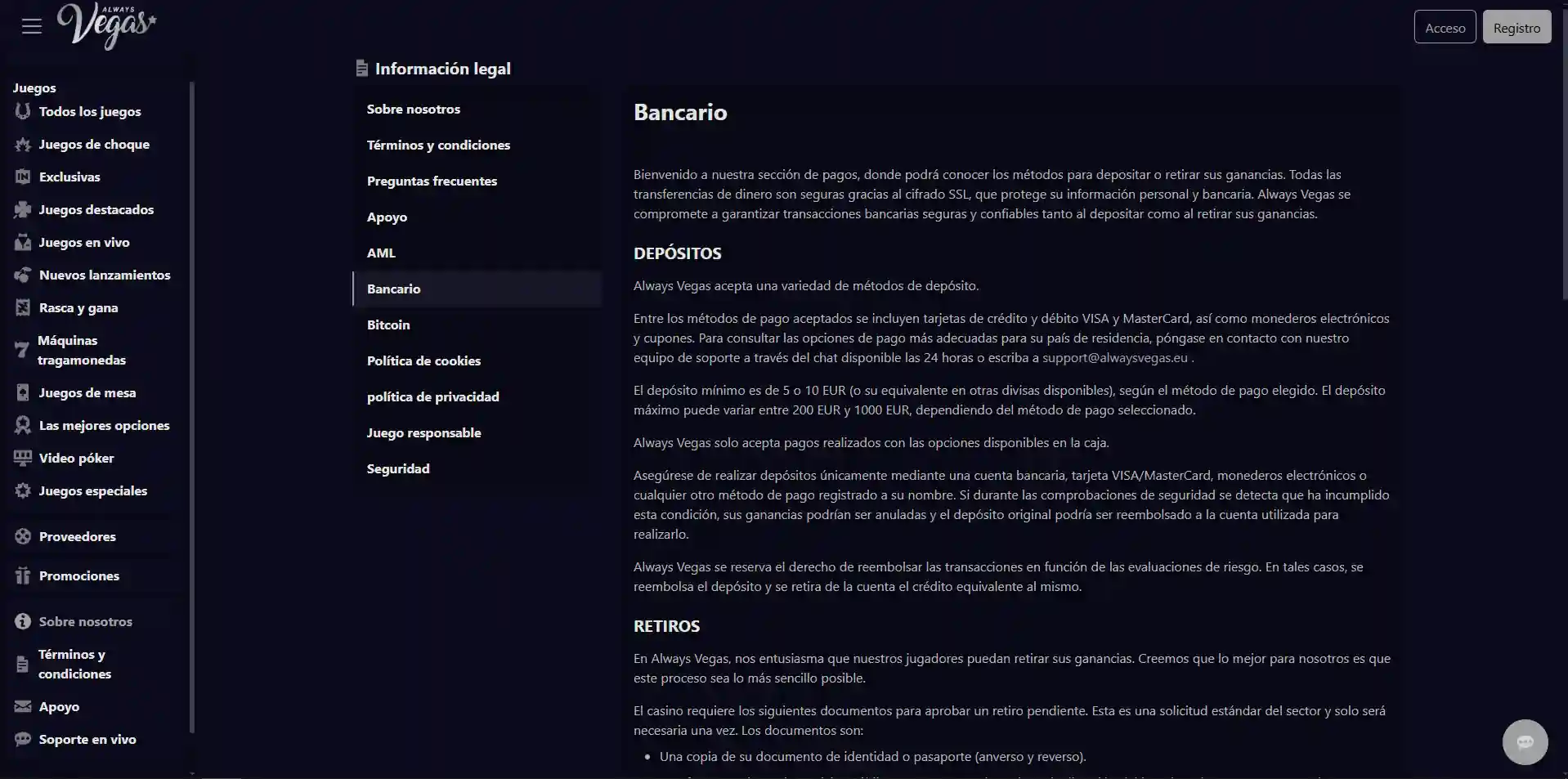 Página bancaria oficial de Always Vegas con información de depósitos y retiradas