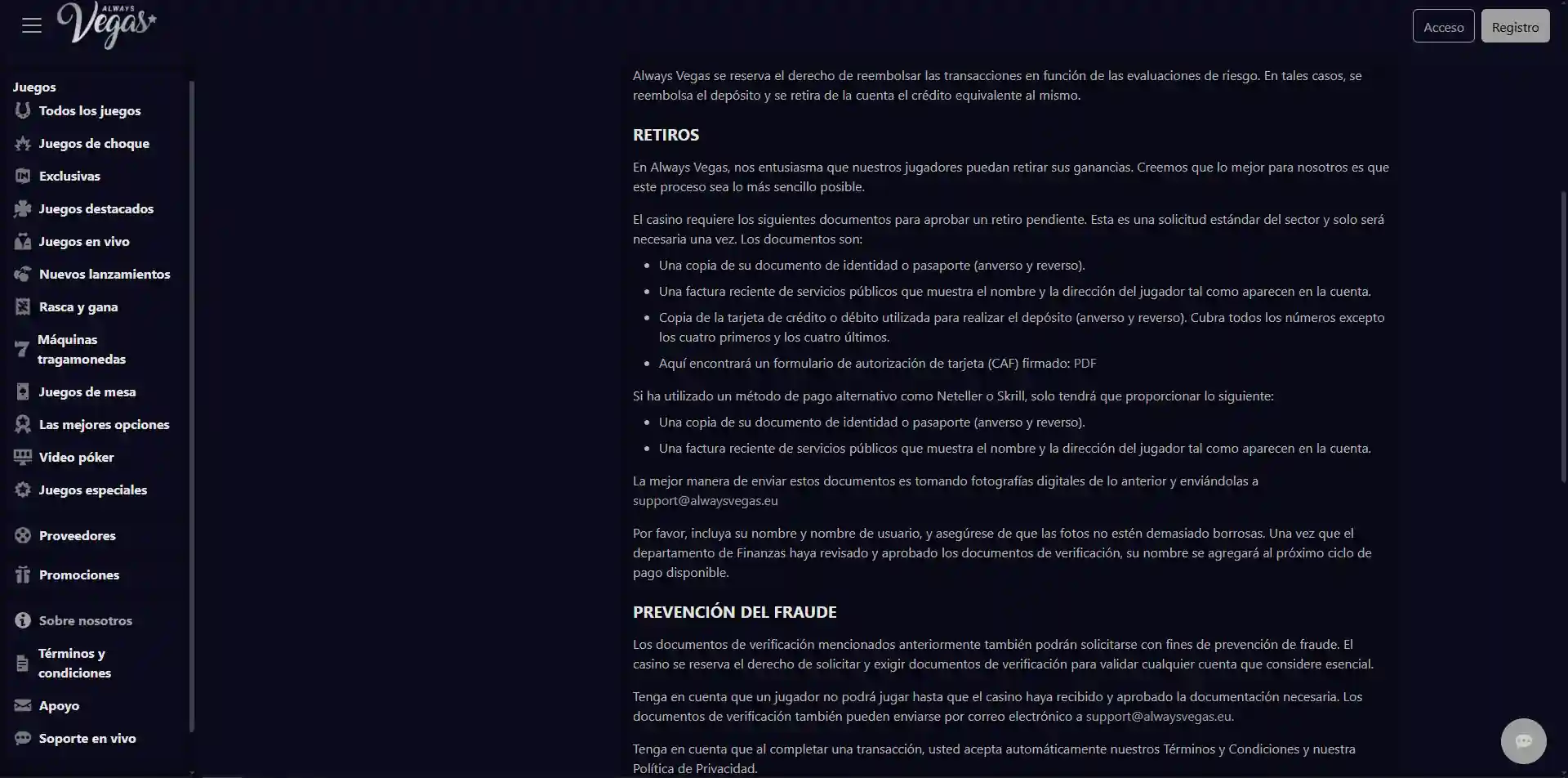 Captura de la información bancaria oficial de Always Vegas sobre documentos de verificación