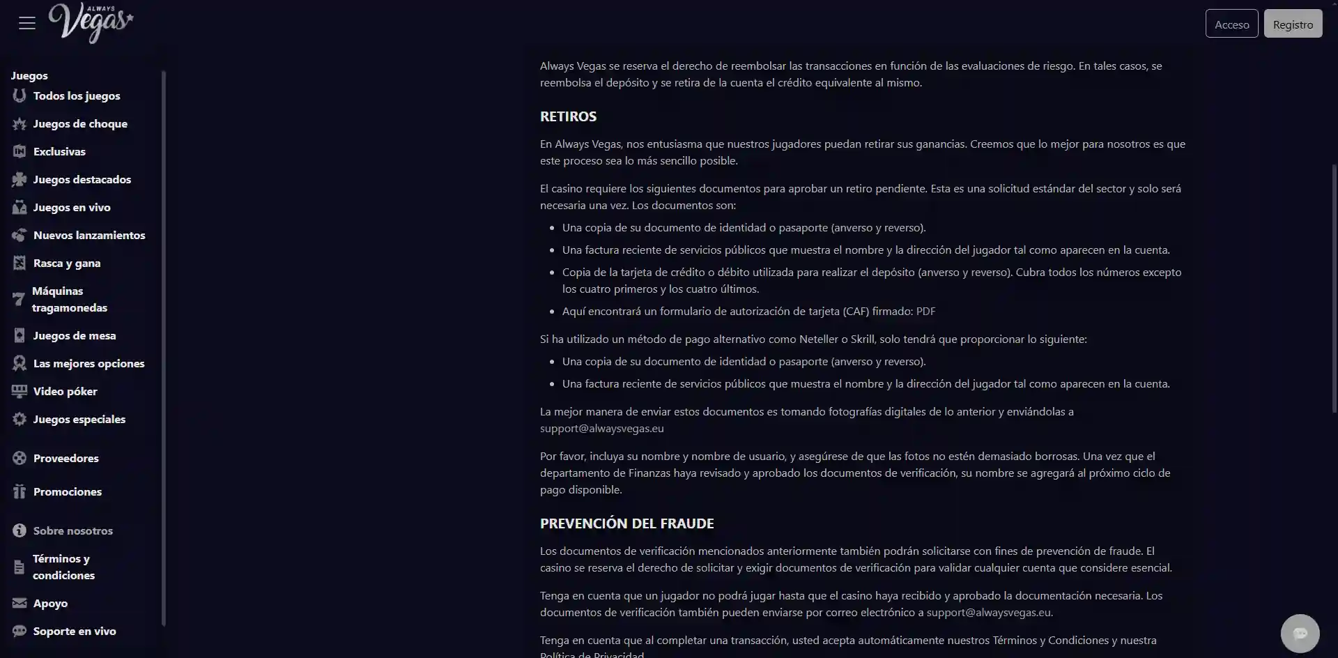 Retiradas de Always Vegas: tiempos, límites y comisiones