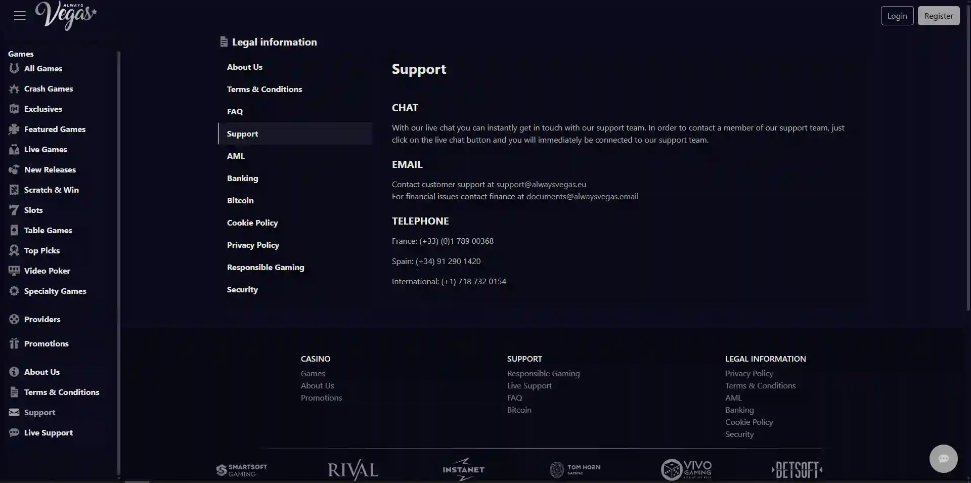 Página oficial de soporte de Always Vegas